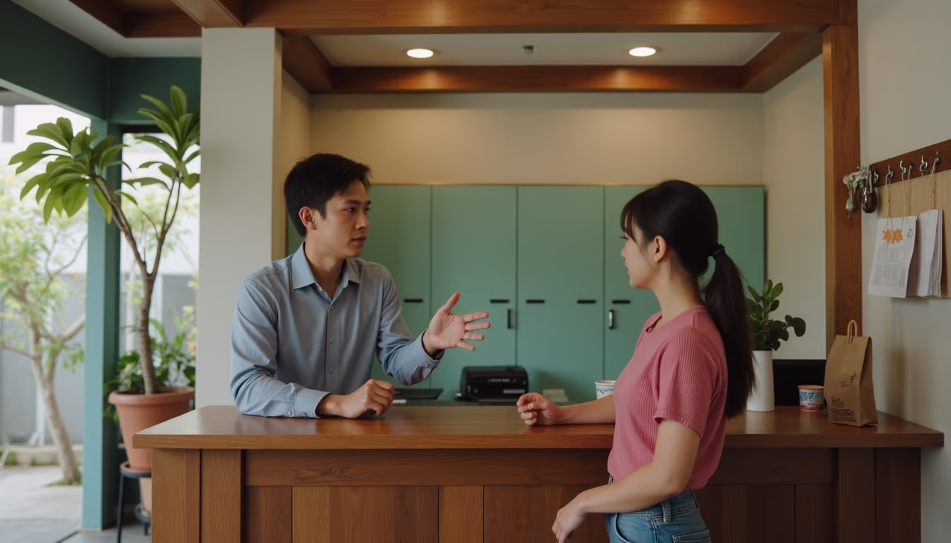แขกคุยจองตรงกับเจ้าของที่เคาน์เตอร์ต้อนรับ สื่อการจองตรงที่ลดค่าธรรมเนียม Airbnb