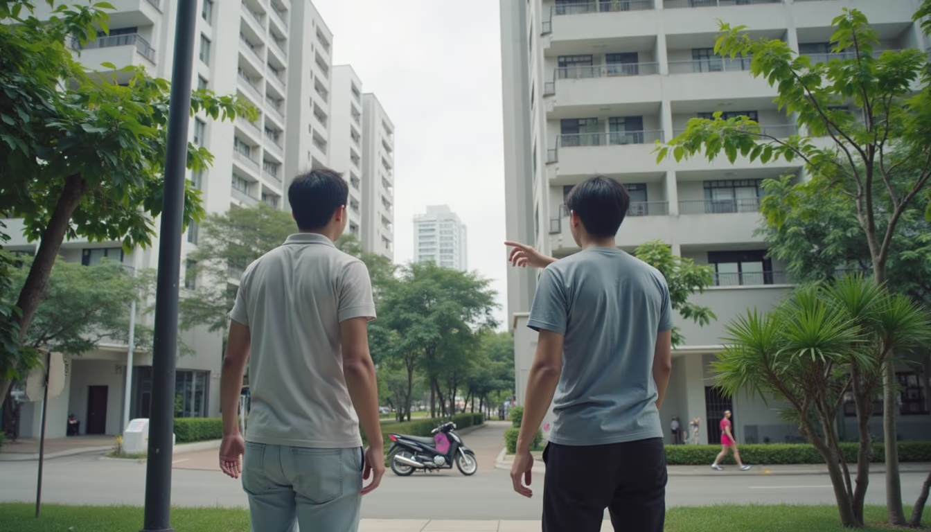 สองคนสำรวจย่านและคู่แข่งหน้าตึกคอนโดก่อนตัดสินใจซื้อปล่อยเช่า