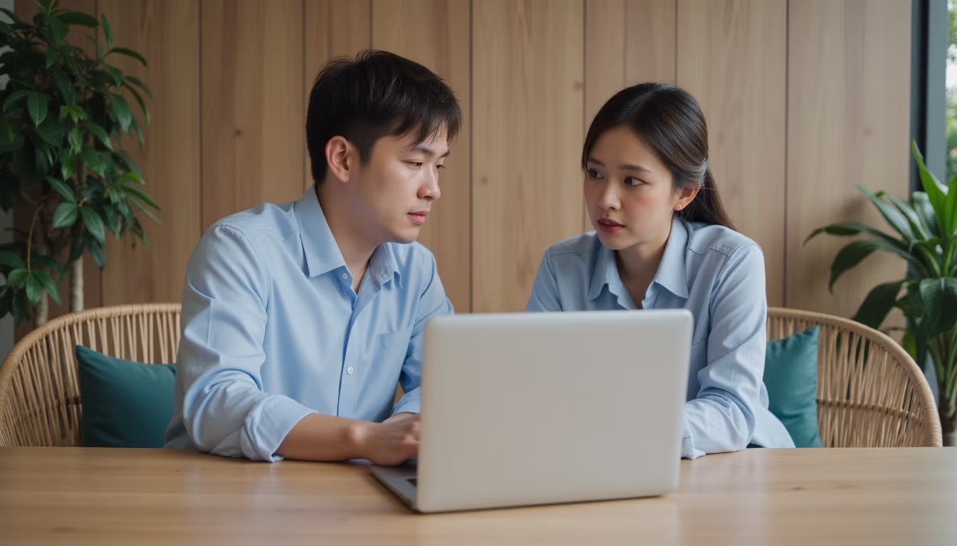 เจ้าของที่พักสองคนปรึกษากันหาวิธีตอบรีวิวลบบน Airbnb อย่างมืออาชีพ