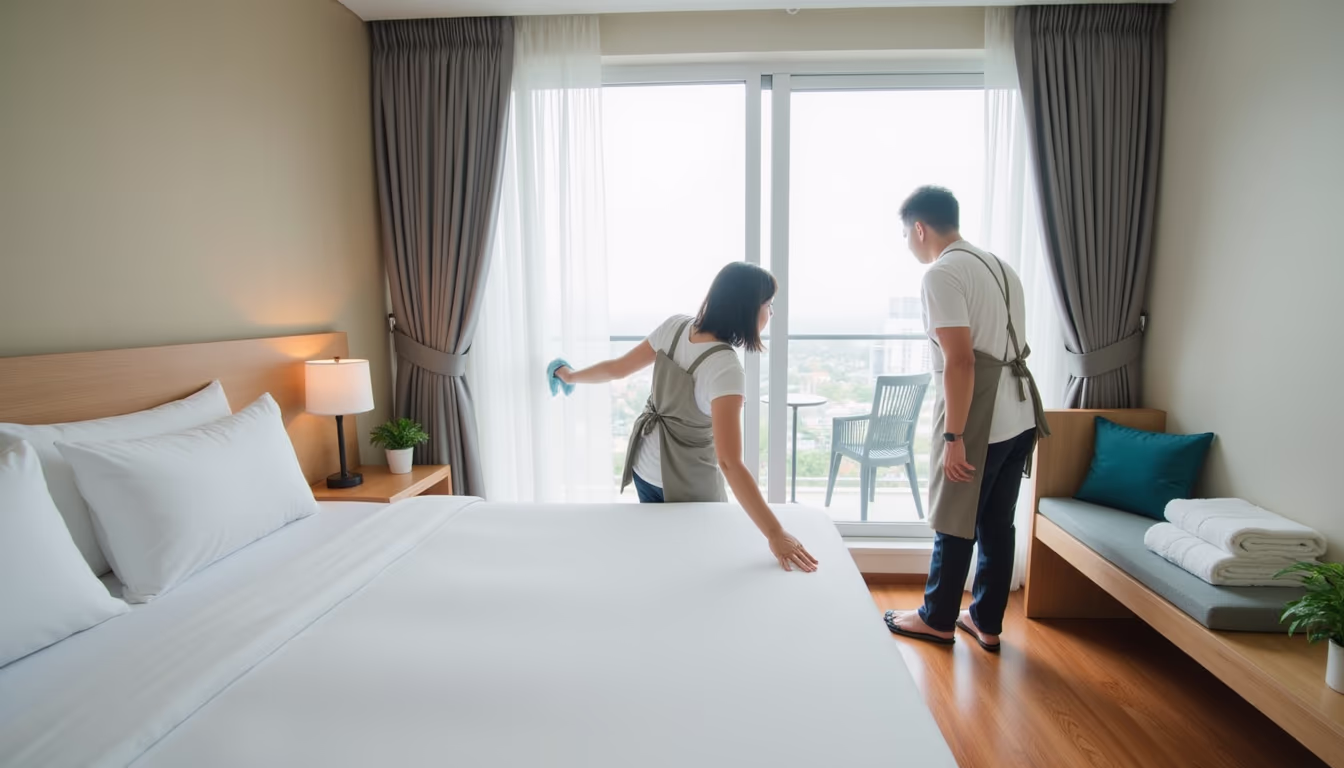 แม่บ้านสองคนเตรียมห้องพักให้พร้อมในช่วง 90 วันแรกของลิสติ้งใหม่บน Booking