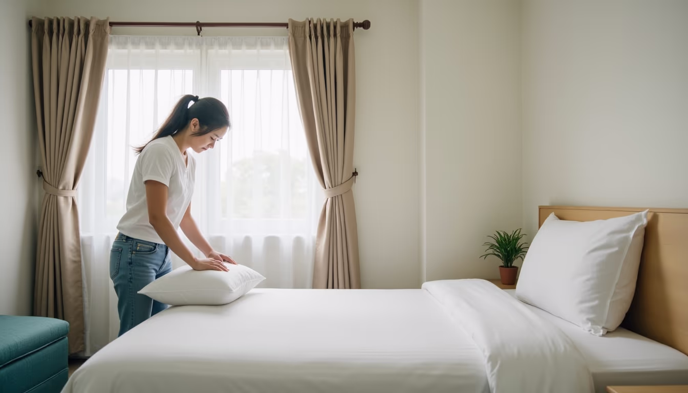 เจ้าของจัดเตียงในห้องพักเปิดใหม่เตรียมต้อนรับแขกชุดแรกในช่วง 90 วันแรก