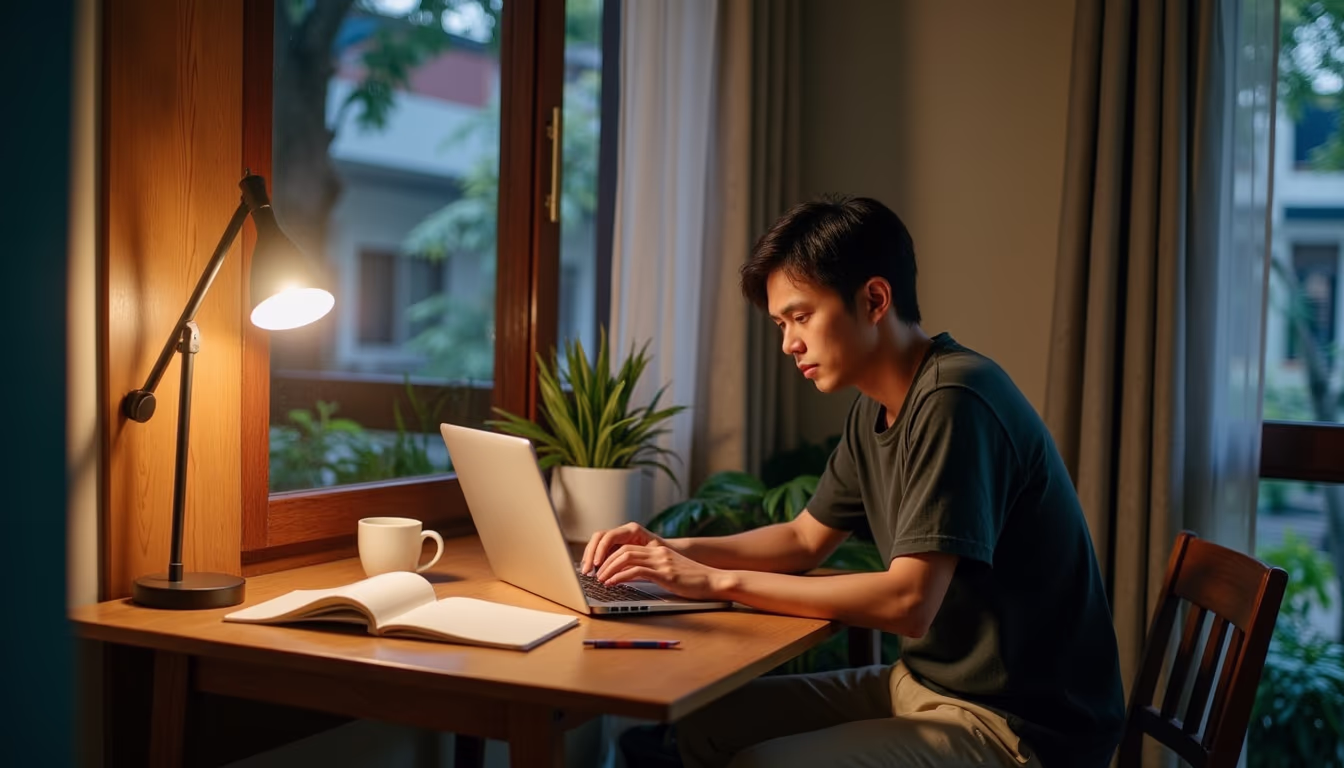เจ้าของที่พักร่างถ้อยคำตอบกลับแขกอย่างตั้งใจที่มุมทำงานในล็อบบี้