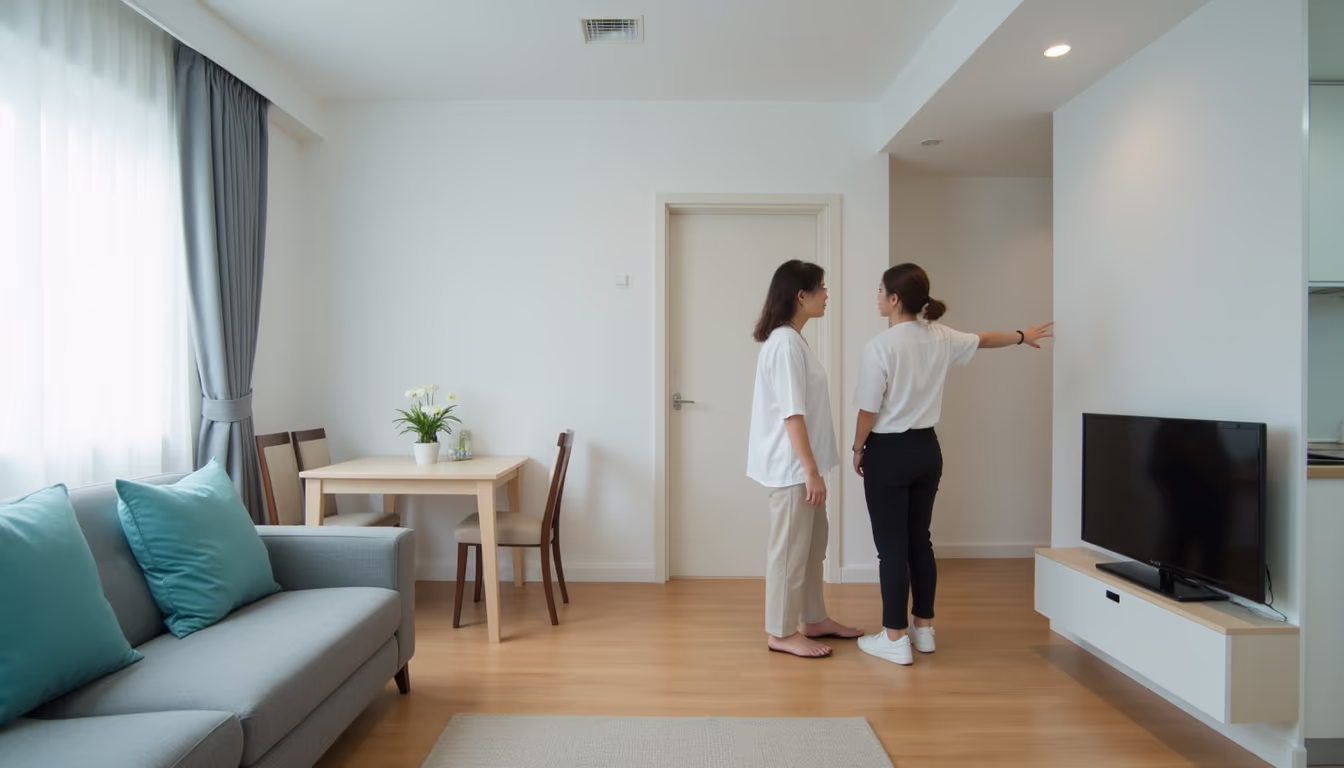 เจ้าของพาผู้สนใจเดินดูห้องคอนโดจริงก่อนตัดสินใจคัดผู้เช่า