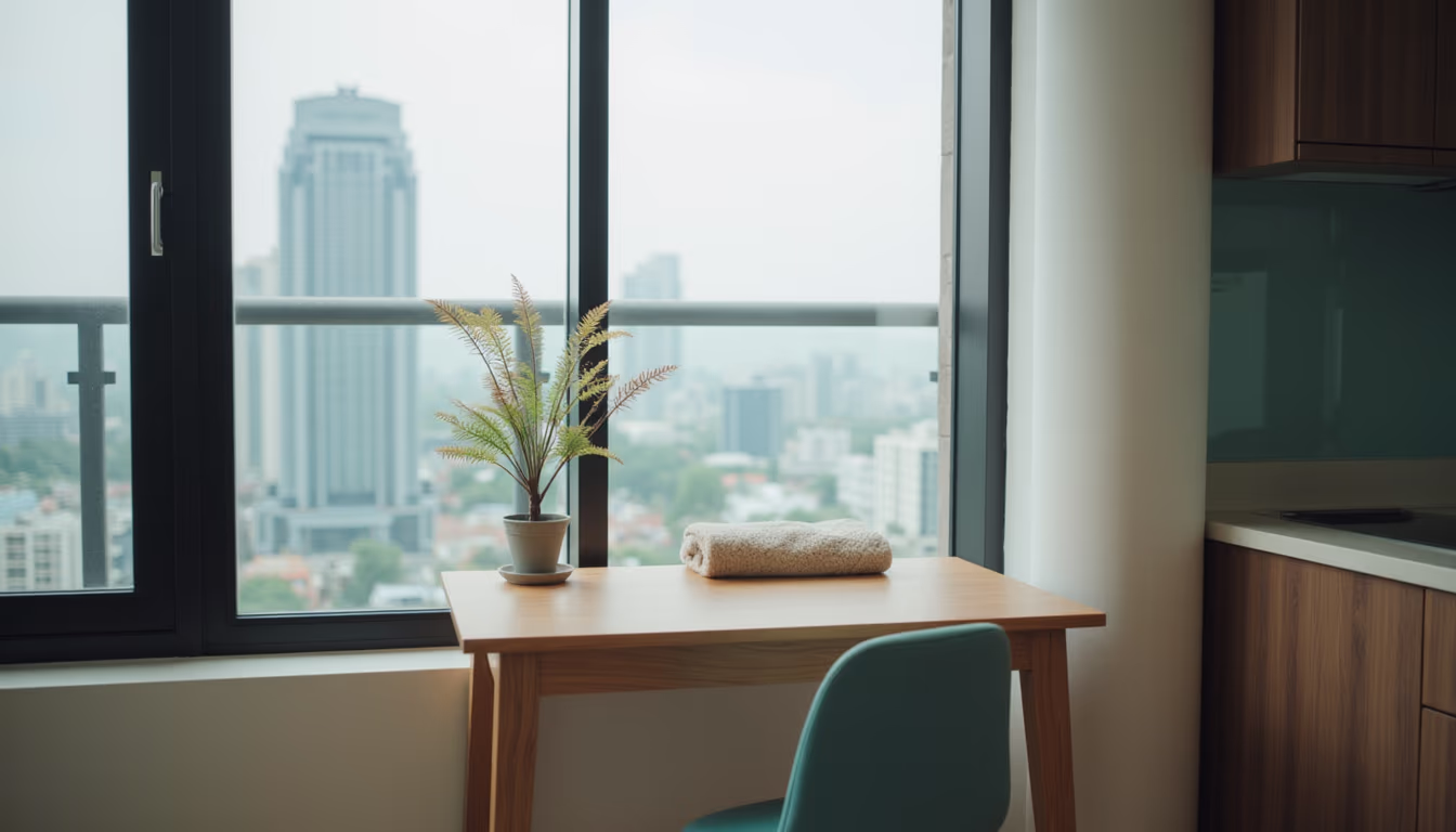 มุมทำงานในห้องคอนโดริมหน้าต่างจัดให้ตรงกลุ่มผู้เช่าคนทำงานในเมือง